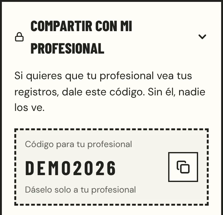 Captura de CrushCare: «Compartir con mi profesional», con un código de ejemplo para dárselo a tu profesional.