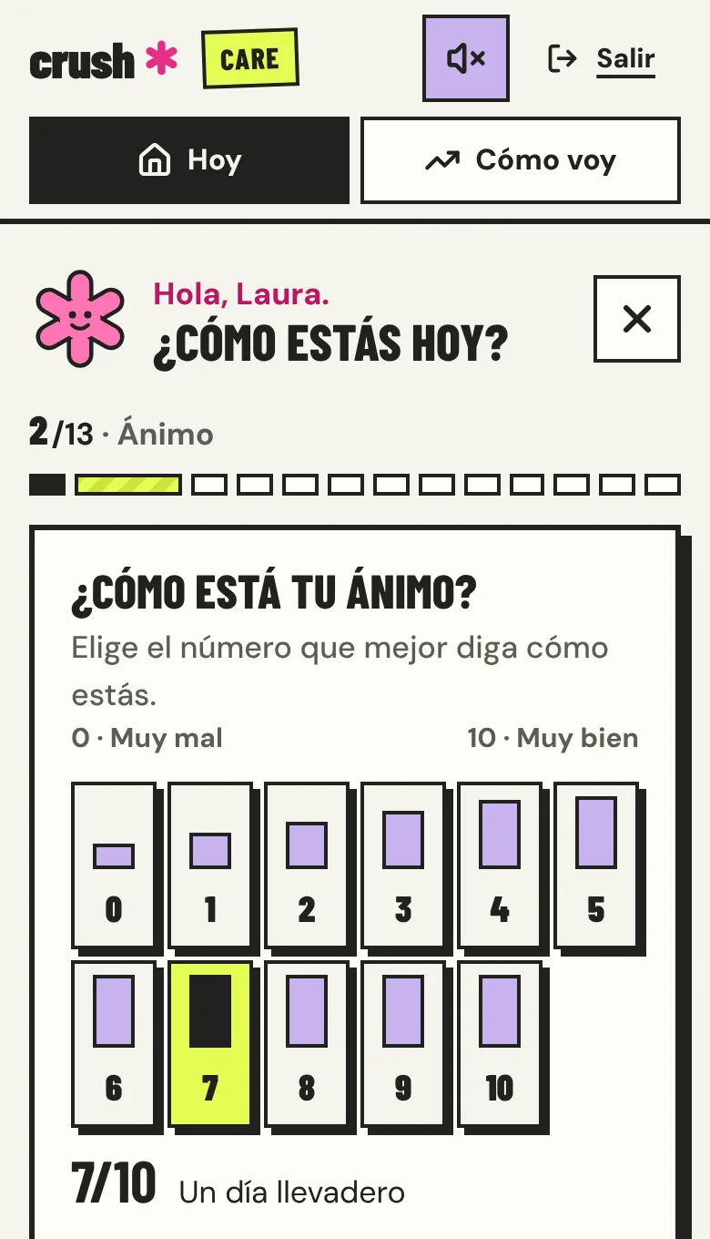 Captura de CrushCare: la pregunta «¿Cómo está tu ánimo?» con una escala del 0 al 10 y el 7 elegido, «Un día llevadero».